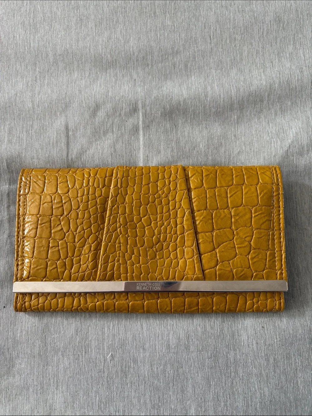 Kenneth Cole Reaction Croc-Embossed Mustard Clutch with Metal Bar